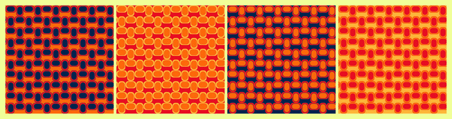 60s geometric seamless pattern. Mid century style background. 4 color variation op art design in navy, red, yellow, orange.