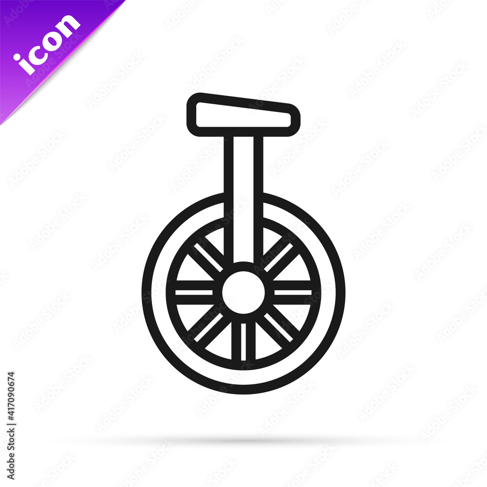 Sticker Black line Unicycle or one wheel bicycle icon isolated on white background. Monowheel bicycle. Vector.