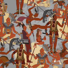 Ancient Mayan. Mural Painting. Seamless pattern. Historical art. Ancient mexican history. Old frescos style. Aztec and Inca people. Pyramid and tribe. Maya background