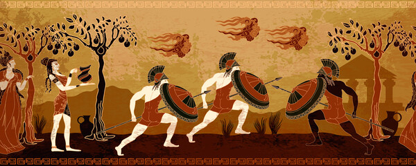 Ancient Greece battle scene. Horizontal seamless pattern. Greek vase painting concept. Spartan warriors. Meander circle style. Red figure techniques. Mythology and legends - obrazy, fototapety, plakaty
