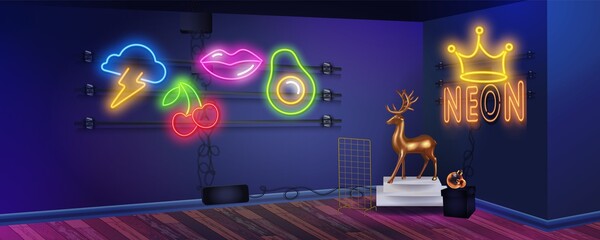 Bright blue neon room with neon lights. Retro 80s backdrop with colorful walls. Vector illustration for your graphic design. Gamer boy room on attic interior banner.