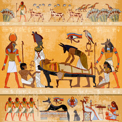 Ancient Egypt. Mummification process. Hieroglyphic carvings. History wall painting, tomb King Tutankhamun. Concept of a next world. Anubis and pharaoh sarcophagus. Egyptian gods, mythology