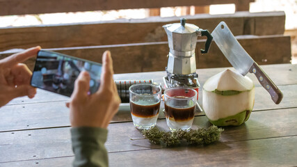 Coffee is mixed with coconut water as a summer drink and hemp plant.