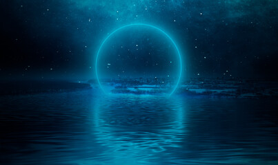 Night cold landscape from a height, forest, roads and city houses. Futuristic neon ring, portal. Reflection of light in water. Fantasy landscape. 3D illustration. 