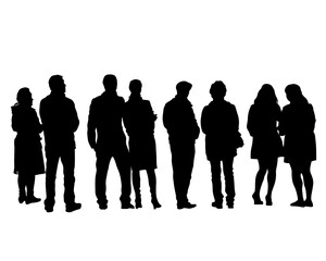 Young man and woman walking on street. Isolated silhouette on a white background