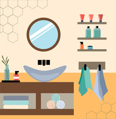 Trendy bathroom with accessories in brown style. Vector flat illustration. Bathroom interior.