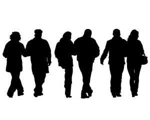 Young man and woman walking on street. Isolated silhouette on a white background