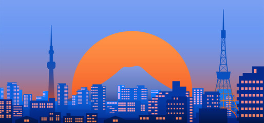 Tokyo city view at dusk or night with Tokyo tower and Tokyo skytree, mount Fuji and sunset on background, landscape vector illustration