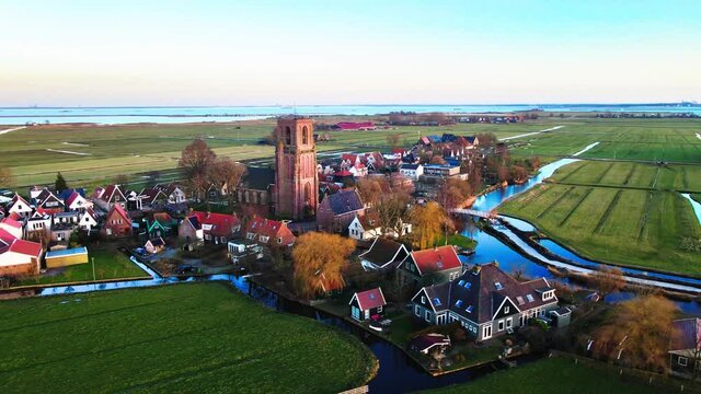 Aerial view of Ransdorp a small countryside village near Amsterdam.