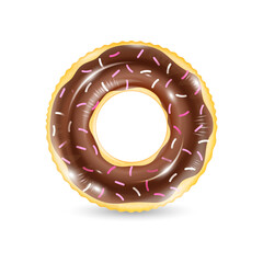 Inflatable ring looking like donut isolated on white background. Realistic colorful rubber swimming buoy. Vector illustration of top view at pool floater in glazed doughnut shape, beach toy