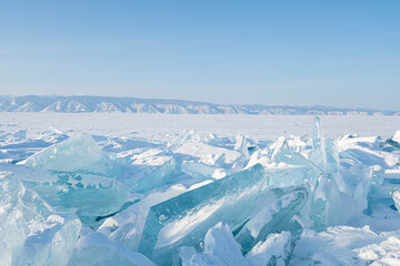 Outdoor view of ice blocks at frozen baikal lake in winter