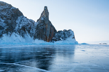 Fototapeta na wymiar Baikal Lake. The famous natural landmark Deva Rock (Virgin Rock) at Cape Khoboy