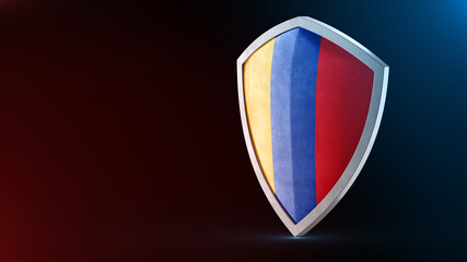 Steel armor painted as Armenia flag. Protection shield and safeguard concept. Safety badge. Security label and Defense sign. Force and strong symbol.