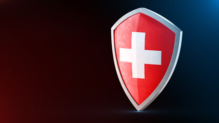 Steel armor painted as Switzerland flag. Protection shield and safeguard concept. Safety badge. Security label and Defense sign. Force and strong symbol.