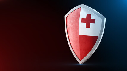 Steel armor painted as Tonga flag. Protection shield and safeguard concept. Safety badge. Security label and Defense sign. Force and strong symbol.