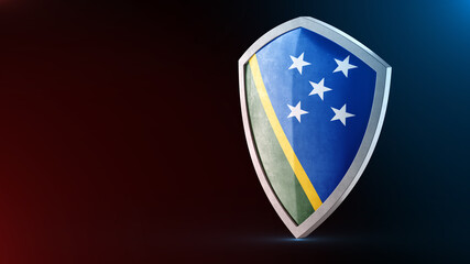 Steel armor painted as Solomon Islands flag. Protection shield and safeguard concept. Safety badge. Security label and Defense sign. Force and strong symbol.