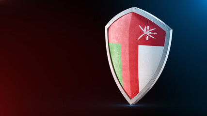 Steel armor painted as Oman flag. Protection shield and safeguard concept. Safety badge. Security label and Defense sign. Force and strong symbol.