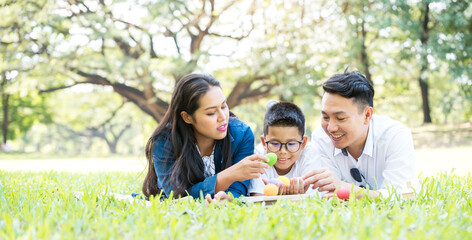 Colourful Easter eggs and family.