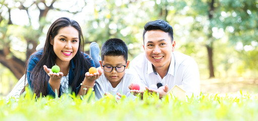 Colourful Easter eggs and family.