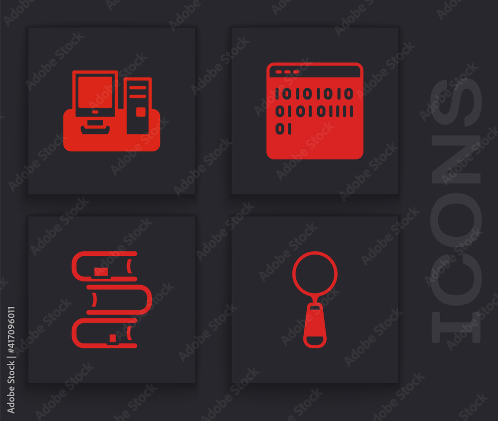 Poster set magnifying glass, monitor with keyboard, binary code and book icon. vector.