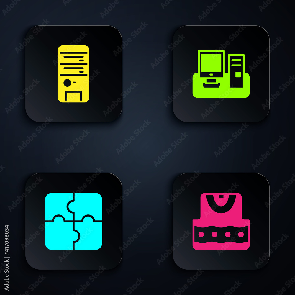 Aufkleber set waistcoat, computer, piece of puzzle and monitor with keyboard. black square button. vector.