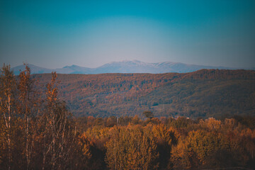 autumn landscape overlooking the horizon where the ridges of the high mountains can be seen. high hills full of dense forests