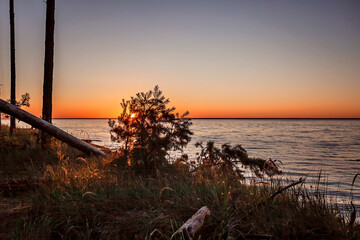 Family summer getaway. Beautiful sunrise on the wild sea beach at campsite at summer. Healthy lifestyle, green local tourism and safe vacations, mental recreation, outdoors