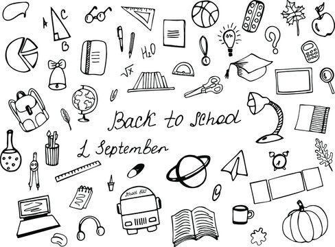 A set of school elements and hand-drawn signs. Isolated vector black and white illustrations. Knowledge Day, September 1, autumn, back to school, beginning of the school year, first grader, student.