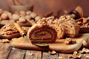 Walnut cake, nuts and wooden kitchen utensils on a wooden table.