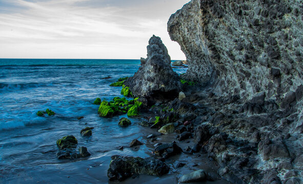 Rocas y algas en un acantilado de la costa del mediterráneo andaluz