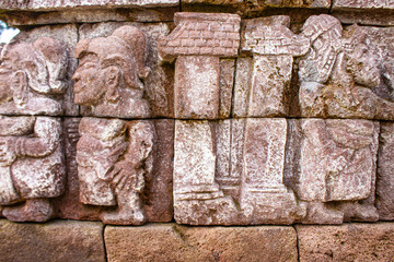 sukuh temple or candi sukuh,  reliefs at sukuh temple.Ancient erotic. candi Sukuh-Hindu on central Java, Indonesia. the temple is Javanese Hindu temple located mount lawu