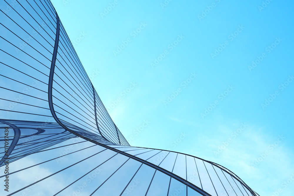 Poster low angle view of futuristic architecture, skyscraper of office building with curve glass window, 3d