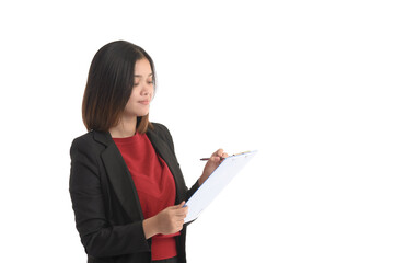 Asian business woman is holding a tablet and the other hand holding a pen. On white Background.