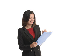 Asian business woman is holding a tablet and the other hand holding a pen and expressing joy. On white Background.
