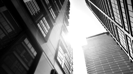 Bottom view of modern skyscrapers in business district against sky. Looking up at business buildings in downtown. Rising sun on the horizon. Black and white.