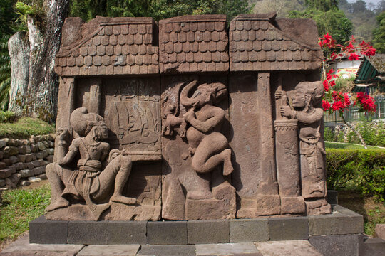 sukuh temple or candi sukuh,  reliefs at sukuh temple.Ancient erotic. candi Sukuh-Hindu on central Java, Indonesia. the temple is Javanese Hindu temple located mount lawu