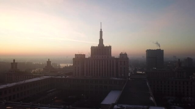 Drone video of Casa Presei in Bucharest at sunrise. Casa Scanteii Bucuresti at sunrise or sunset.