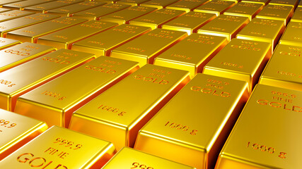 3D rendering stack Gold Bars, weight 1000 grams.