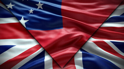 Fototapeta na wymiar Samoa Flag and United Kingdom Flag waving with texture sky Cloud and sunset Double flag