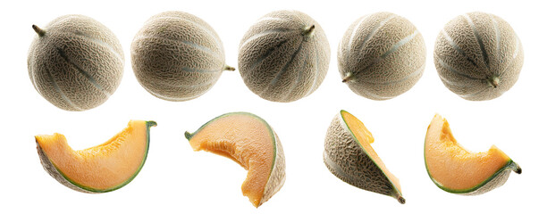 A set of whole and slices of melon. Isolated on a white background