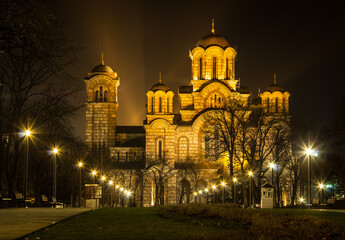 Fototapeta na wymiar Night photos of the Orthodox Church of St. Mark, which is located in the Tasmajdan Park in Belgrade.