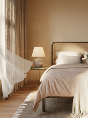 3d rendering of a zoomed Mediterranean calm relaxing elegant bedroom with earthy tones and a windy curtain