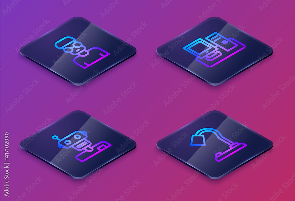 Poster set isometric line nerd geek, robot, monitor with keyboard and table lamp. blue square button. vecto