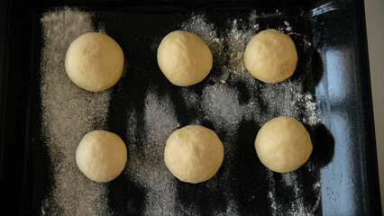 Close-up of raw dough for buns, cakes. On the wick. Flour products. Gluten free