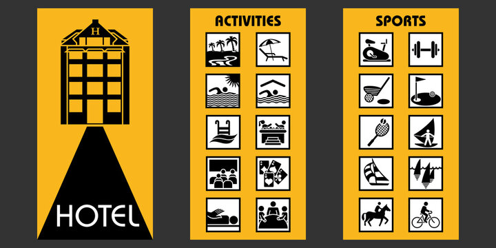 Dépliant en 3 parties avec un ensemble de pictogrammes afin d’expliquer les activités et les sports proposés par un hôtel.