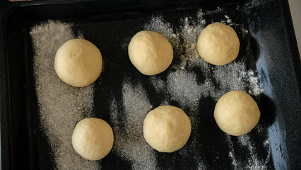 Close-up of raw dough for buns, cakes. On the wick. Flour products. Gluten free