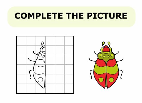 Complete the picture. Coloring book. Educational game for children. Cartoon vector illustration of cute red bug.
