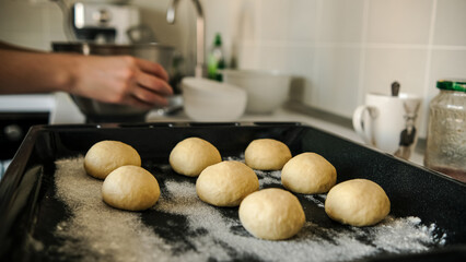 Close-up of raw dough for buns, cakes. On the wick. Flour products. Gluten free