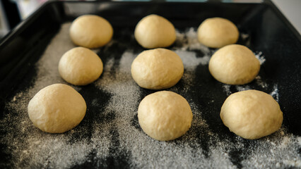 Close-up of raw dough for buns, cakes. On the wick. Flour products. Gluten free