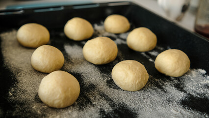 Close-up of raw dough for buns, cakes. On the wick. Flour products. Gluten free